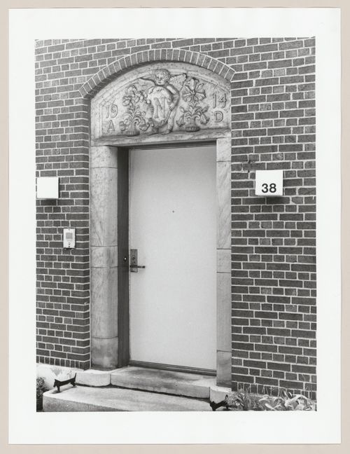 View of an entrance to a house showing a carved marble [?] surround, 38 Sunnyside Avenue, Westmount, Québec