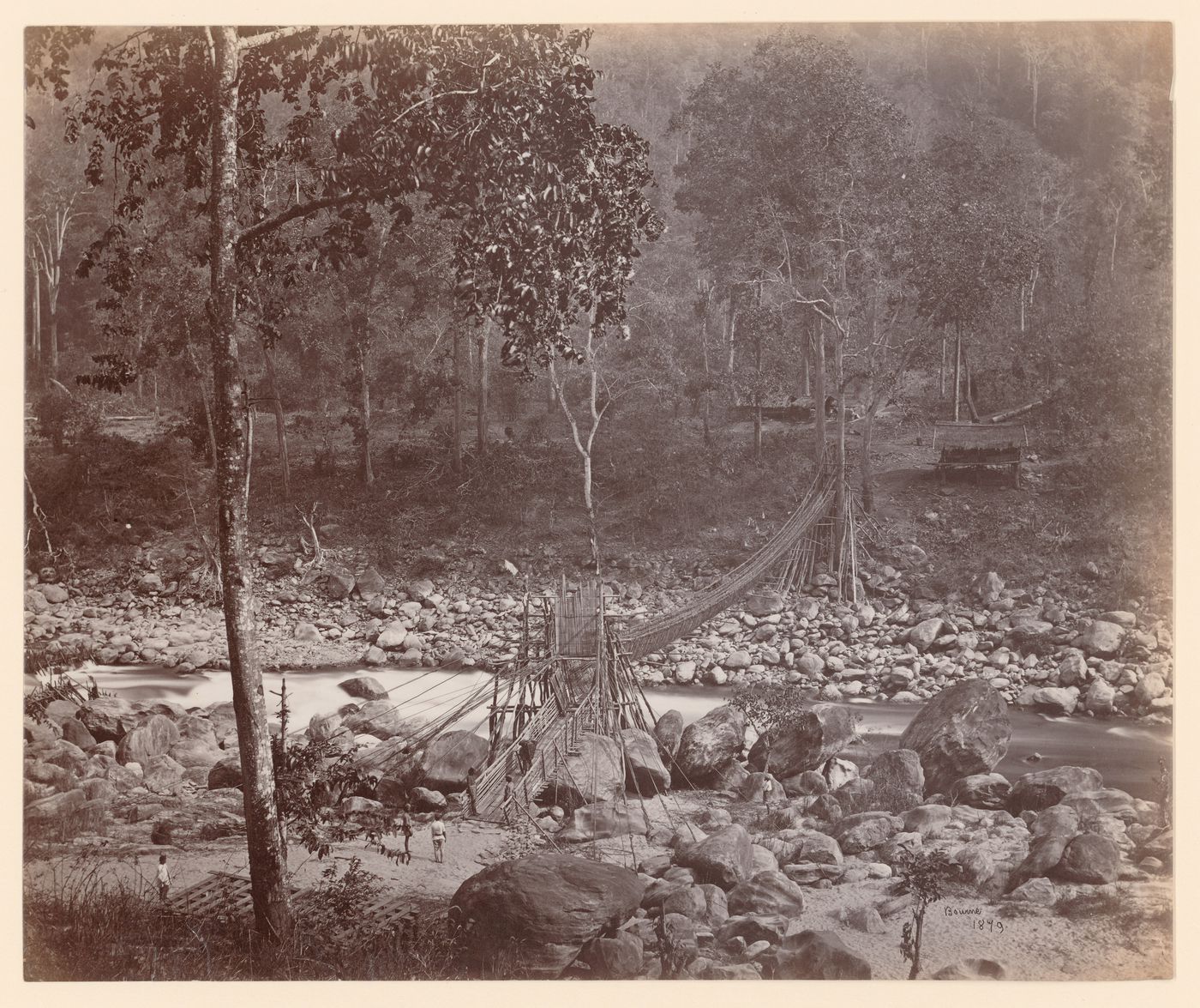 View of a cane footbridge over the Ranjit River, Darjeeling, India