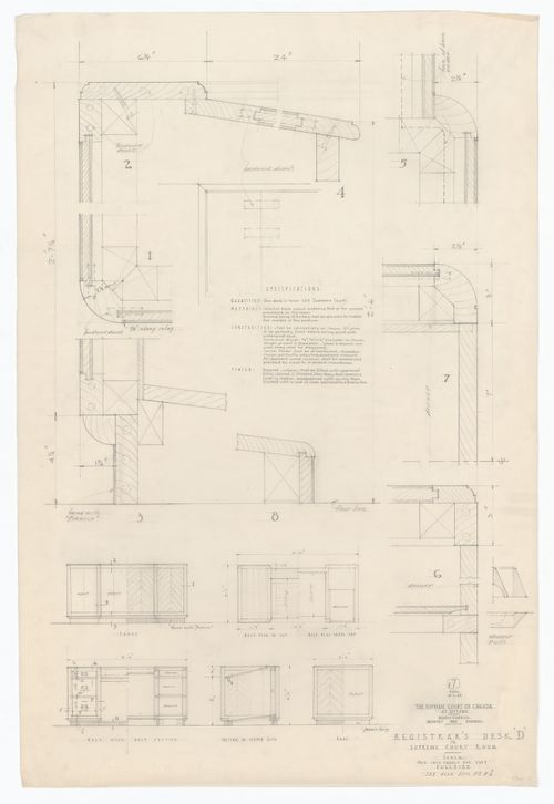 Plan, élévations, coupes et détails du bureau de registraire "D" pour Cour suprême du Canada, Ottawa, Ontario