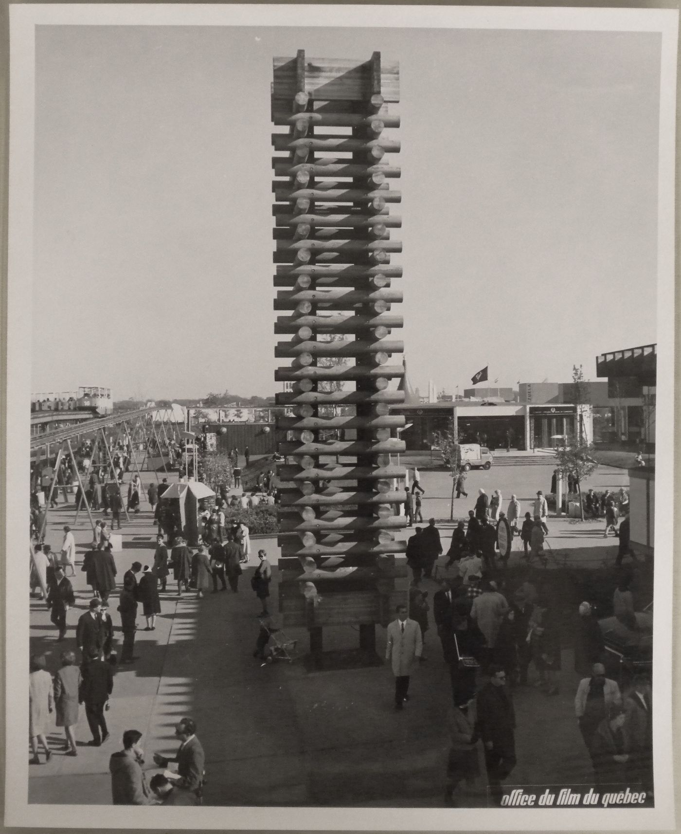 View of a walkway surrounding the wood tower of the Republic of Korea Pavilion, Expo 67, Montréal, Québec