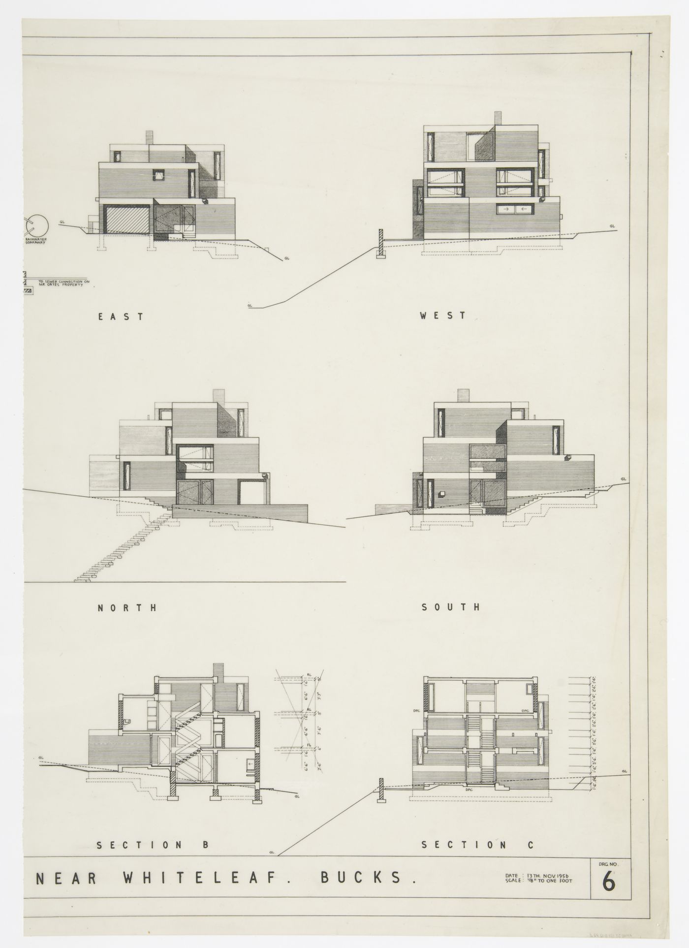 House in Chiltern Hills, Buckinghamshire, England: elevations and sections