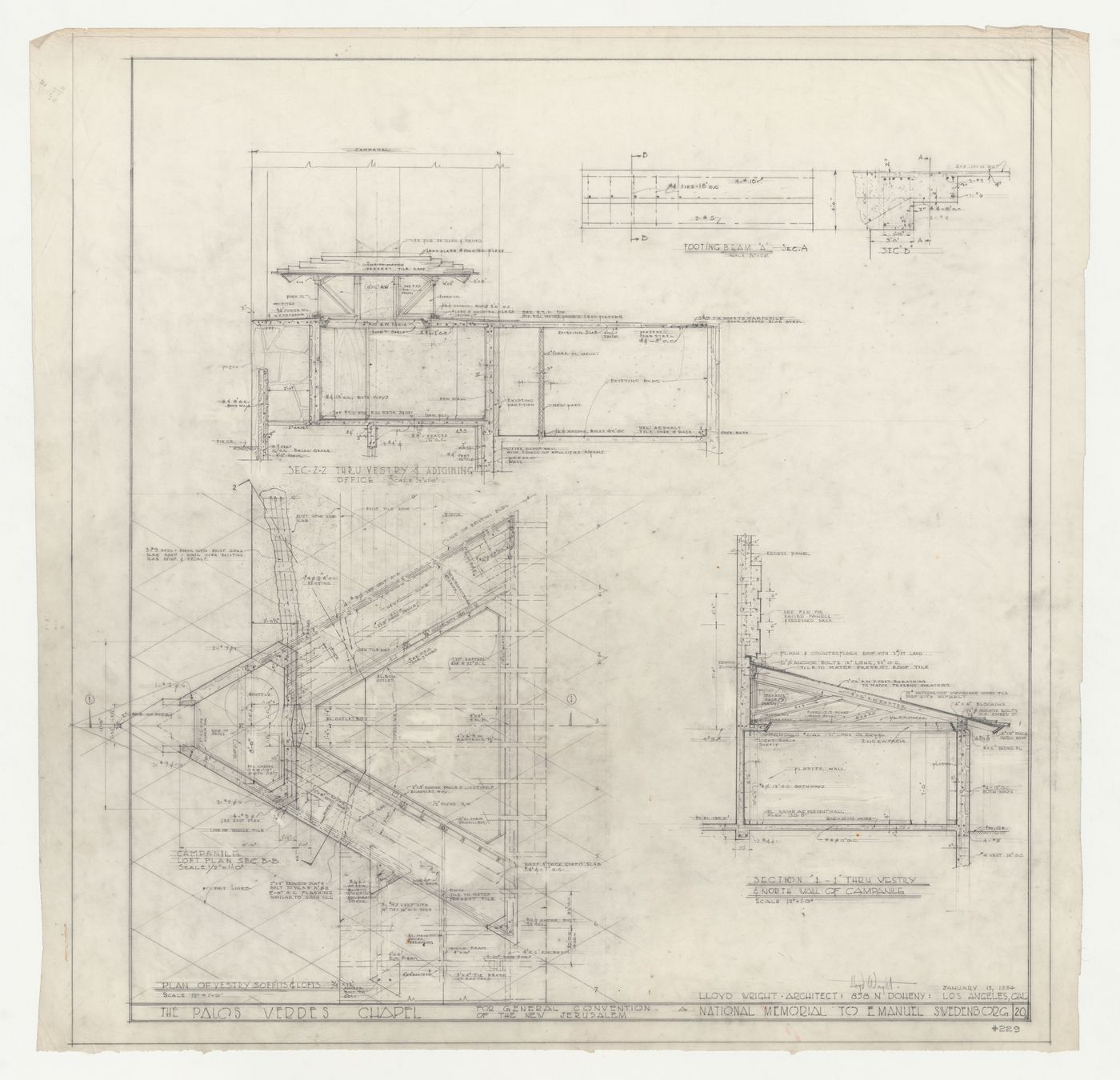 Wayfarers' Chapel, Palos Verdes, California: Plan for soffits and lofts for the vestry and campanile, sections through the vestry, and details for footing beams