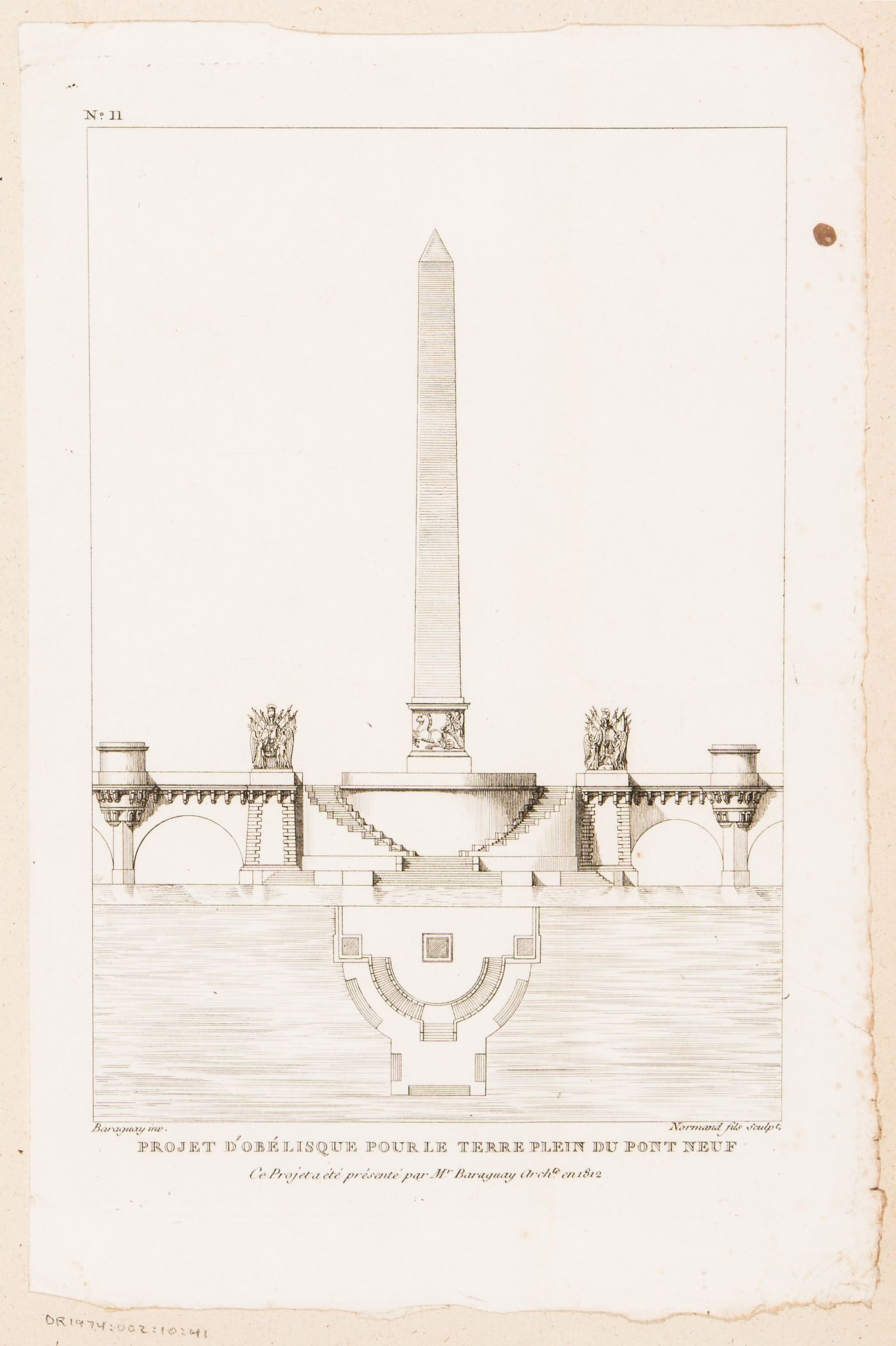Competition entry by Thomas Pierre Baraguay for an obelisk for the central meridian of Pont-Neuf, Paris: Elevation and plan