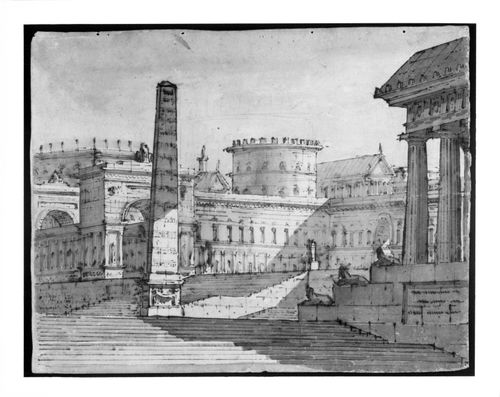 Design for a stage set with an obelisk and a monumental staircase