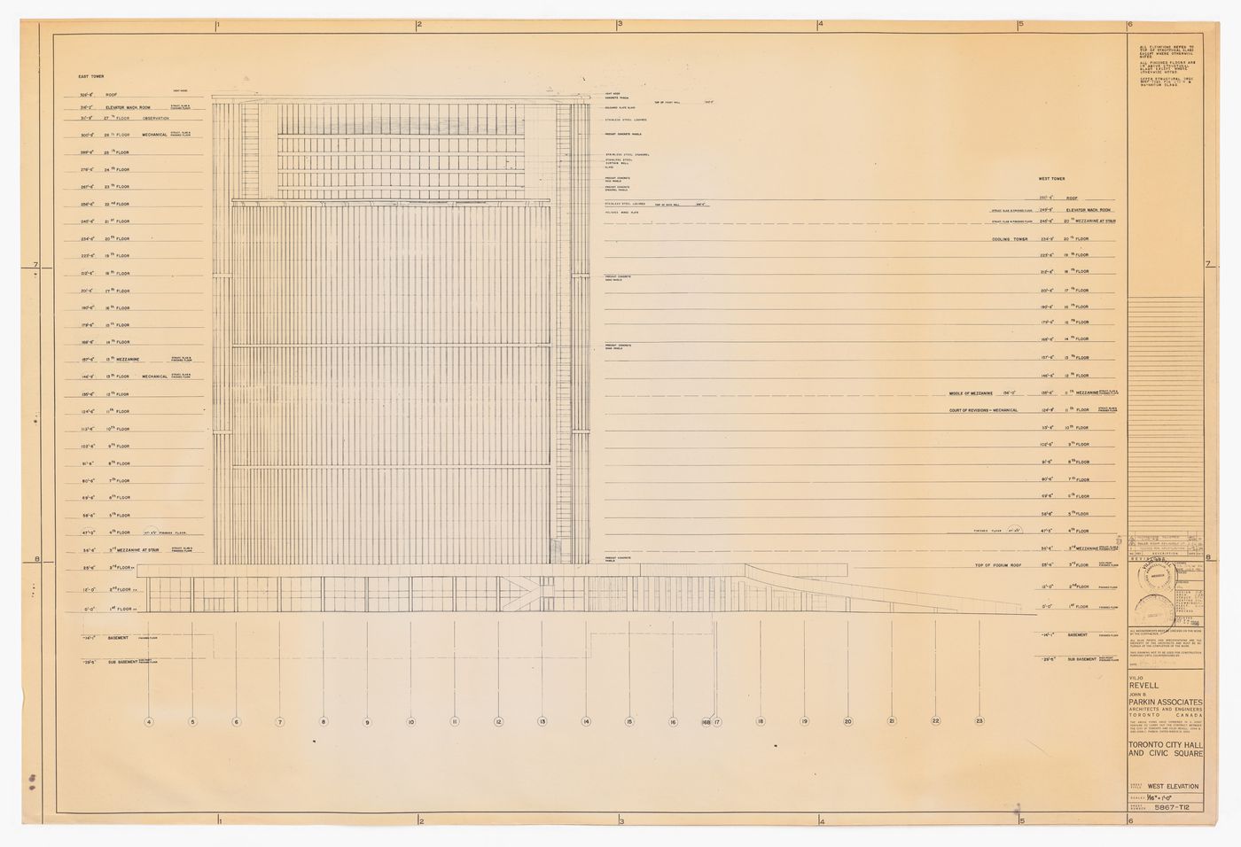 West elevation for Toronto City Hall and Civic Square, Toronto