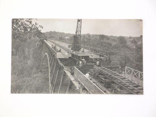 View of railway construction on Victoria Falls Bridge, Zambezi River, crossing the border between Victoria Falls, Zimbabwe and Livingstone, Zambia