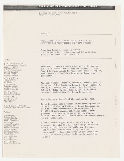 Minutes of meeting of the Board of Trustees with attached list of prospective donors