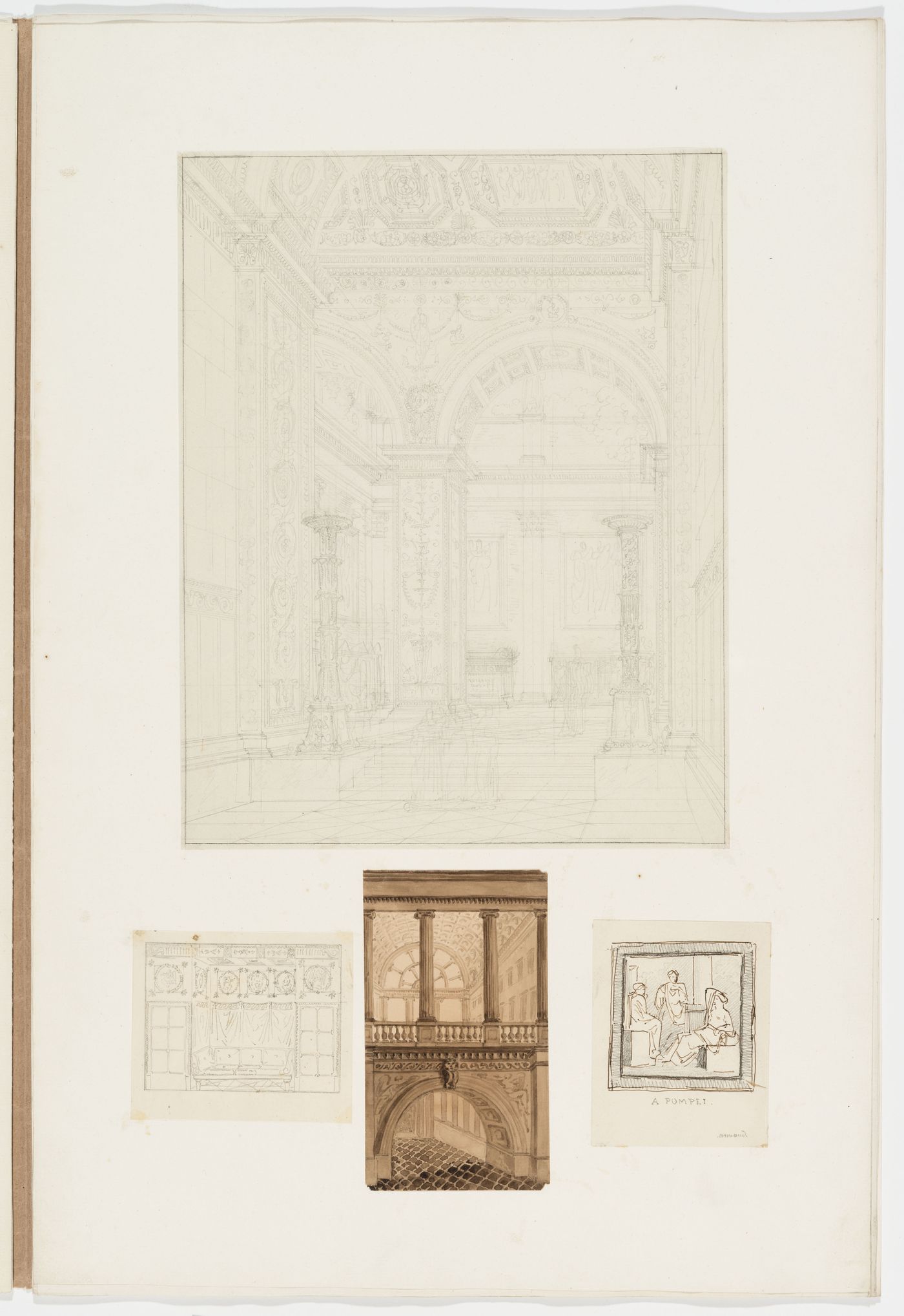 Interior perspective drawing for an imaginary church, perhaps inspired by Pugin; Elevation of an interior wall with seating alcove; View of an interior with gallery and arched doorway; Drawing of a sculpted panel, Pompeii