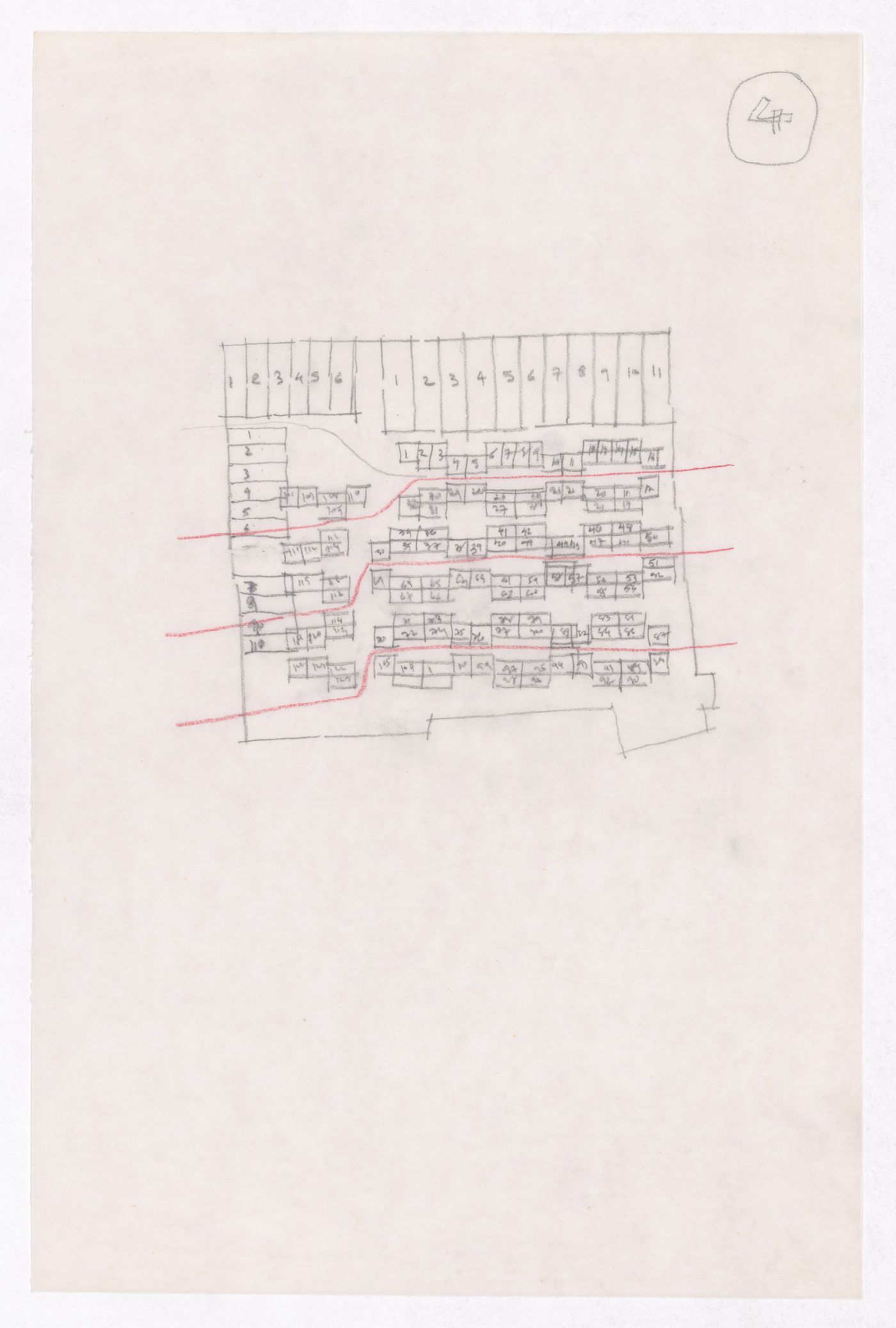 Sketch showing plots layout development for Minimum Cost Housing Group's plot in Aranya township, India, for Aranya Housing Project