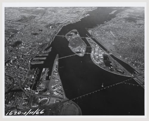Aerial view of Montréal, of the Île Notre-Dame and Île Sainte-Hélène sites, and of the South Shore, Expo 67, Montréal, Québec