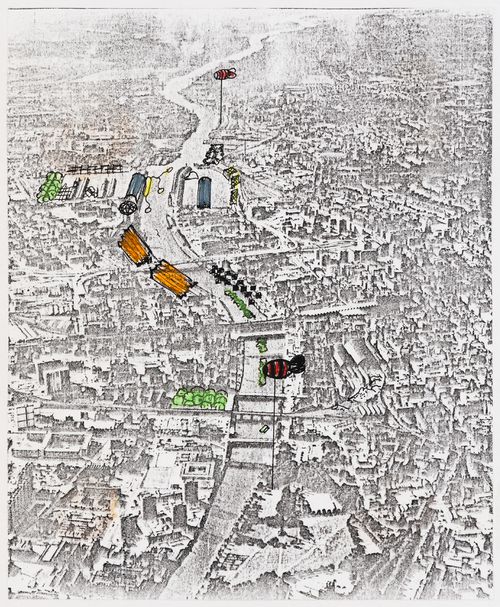 River Clyde ideas competition: aerial view of site, looking west, and sketch showing elements of the proposed redevelopment plan