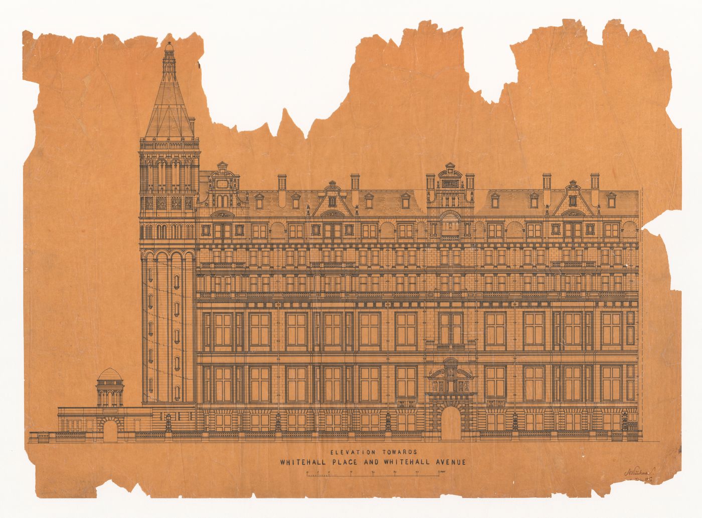 National Liberal Club, London: Elevation towards Whitehall Place and Whitehall Avenue