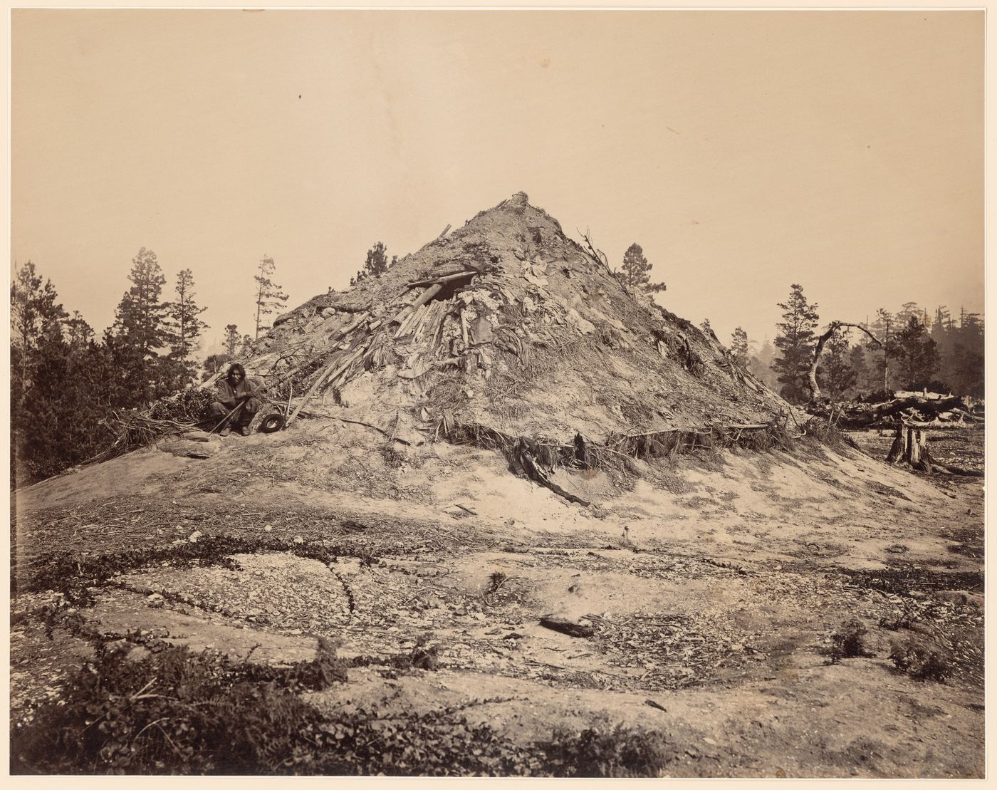 View of an Indigenous sweat lodge in forest showing a man on the left, Mendocino County, California, United States