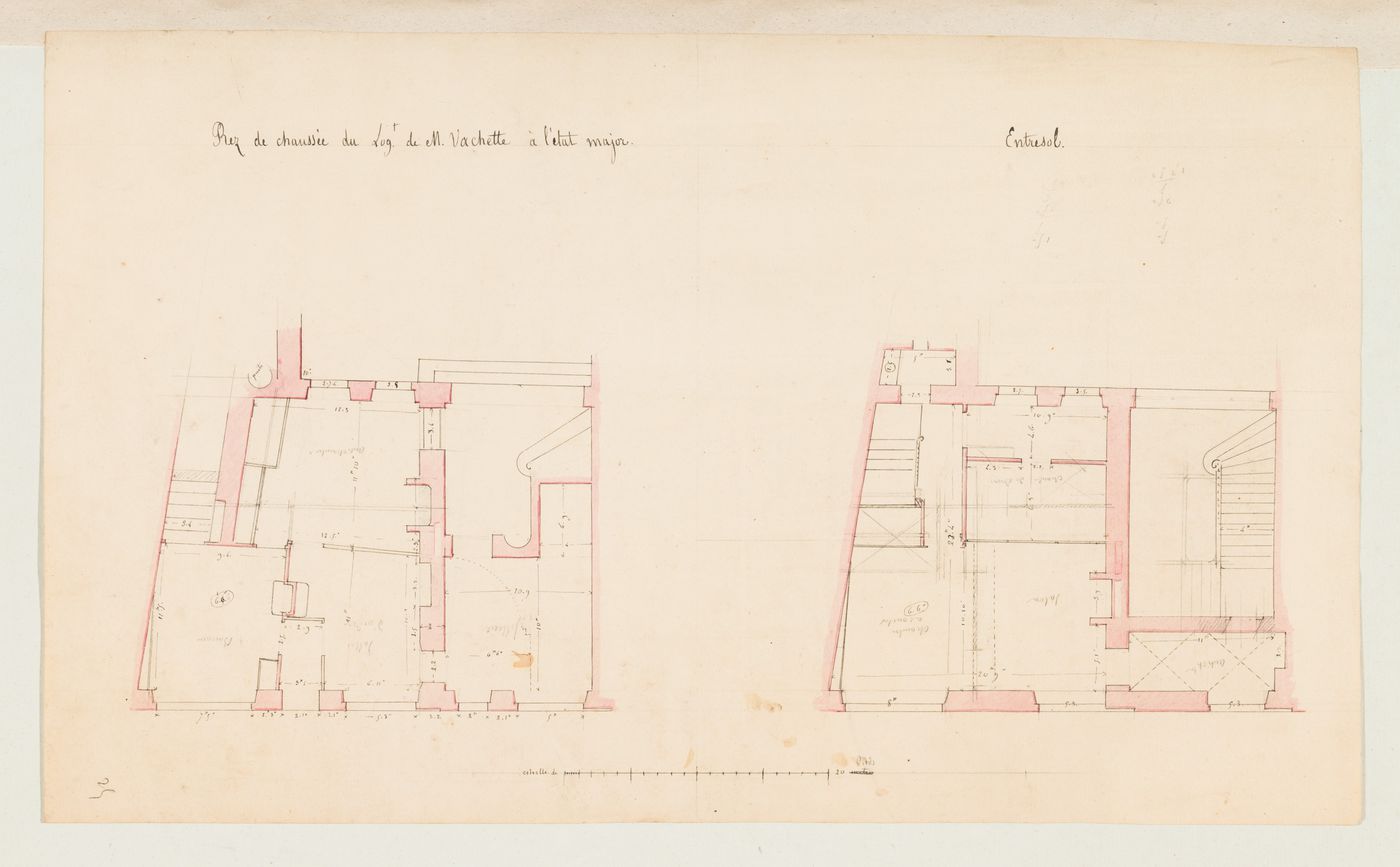 Project for the enlargement of the prison near the Préfecture de police, rue de Jérusalem, Paris: Ground floor and "entresol" plans for lodgings for Mr. Vachette