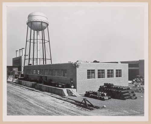 View of the Oil House in the foreground and the water tower and Boiler House in the background, Ford Motor Company Lincoln-Mercury division Automobile Assembly Plant, Metuchen, New Jersey