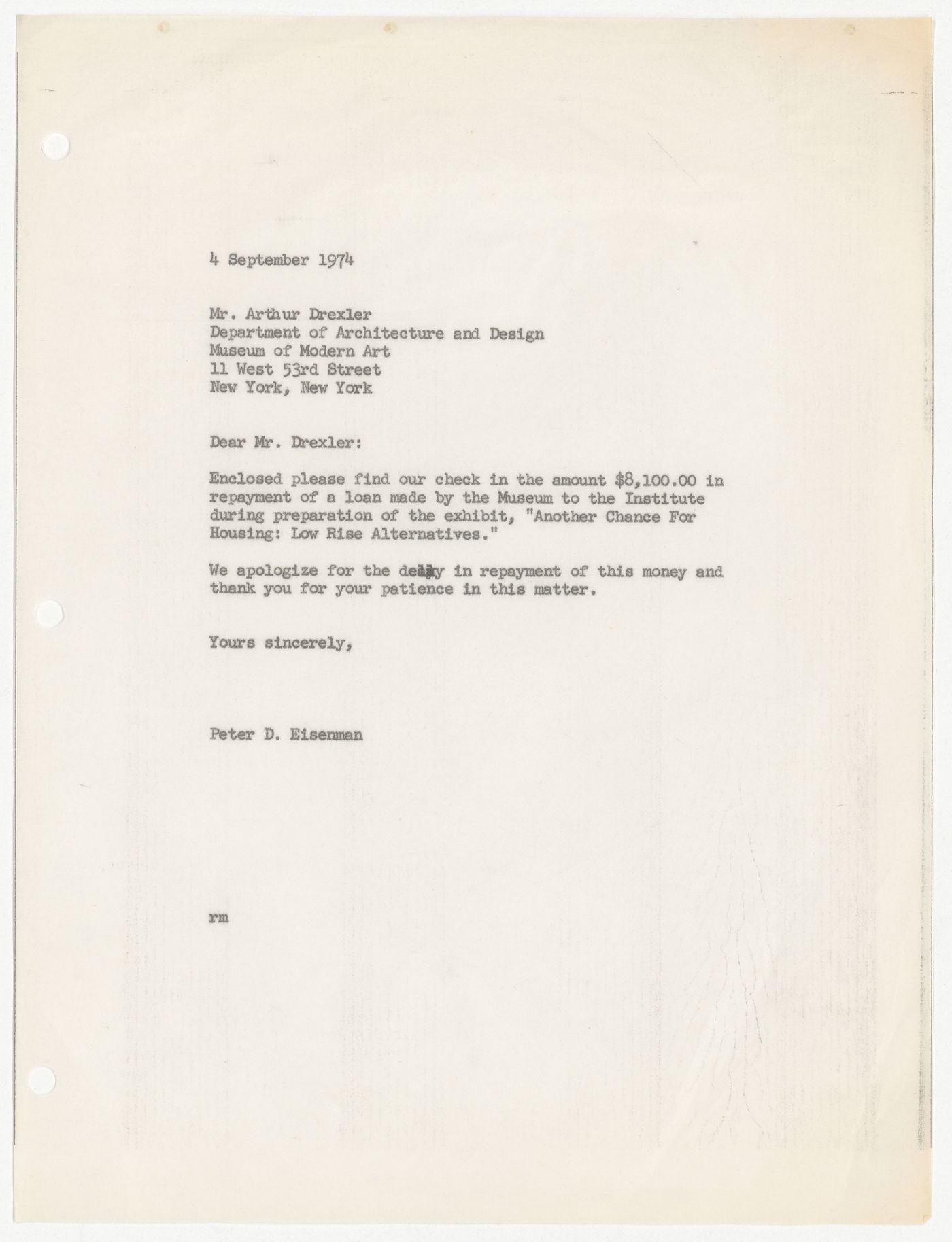 Letter from Peter D. Eisenman to Arthur Drexler about repayment of loan made by Museum of Modern Art (MoMA) to IAUS