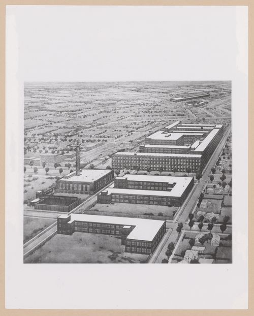 Photograph of a bird's-eye perspective drawing for the Packard Motor Car Company Assembly Plant (now abandoned), East Grand Boulevard, Detroit, Michigan
