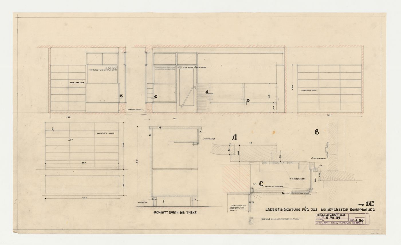 Interior elevations and removed sections for a type DL 2 shoemaker store for Jos Schieferstein, Hellerhof Housing Estate, Frankfurt am Main, Germany