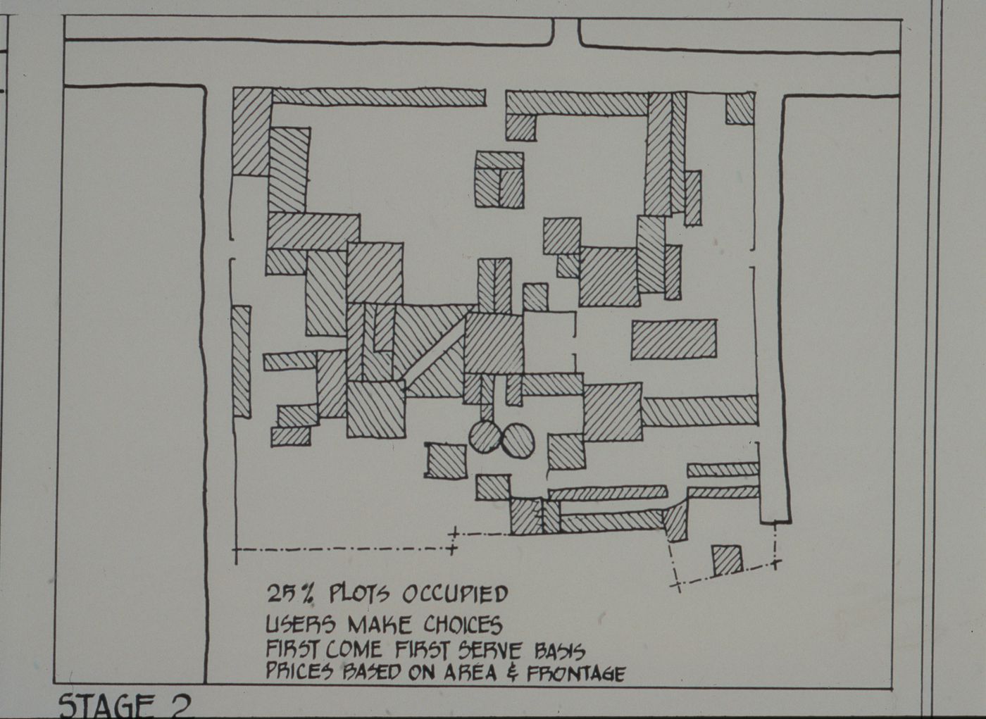 Site plan showing second stage of plots design process for the Aranya Housing Project, Indore, India