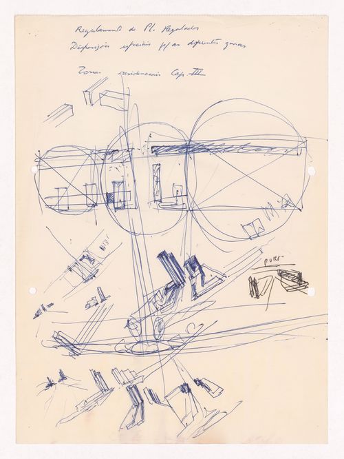 Sketch axonometric views with annotations for Habitações Colectivas da Mobil Oil Portuguesa, Matosinhos, Portugal