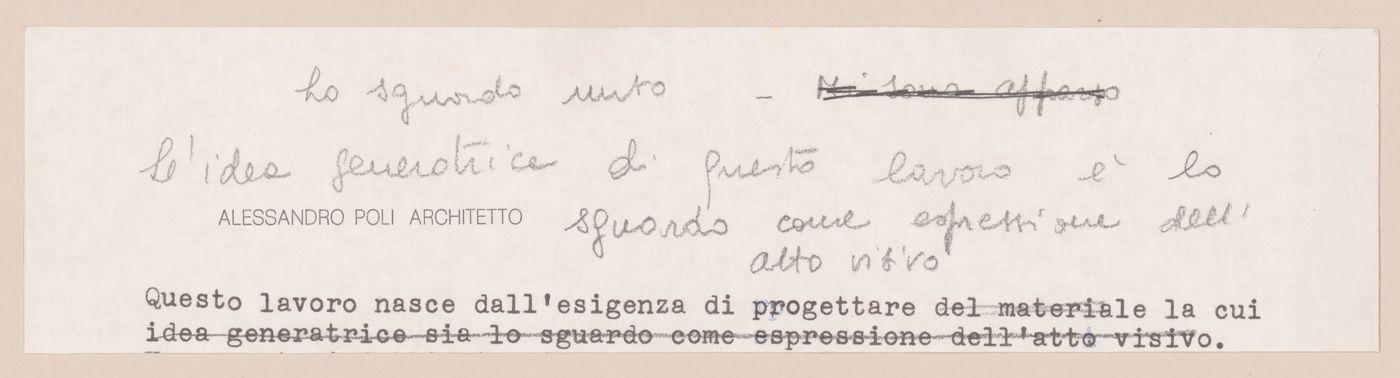 Fragment of a textual document with with handwritten notes for La casa più bella di architettura del mondo [The most beautiful house in the world]