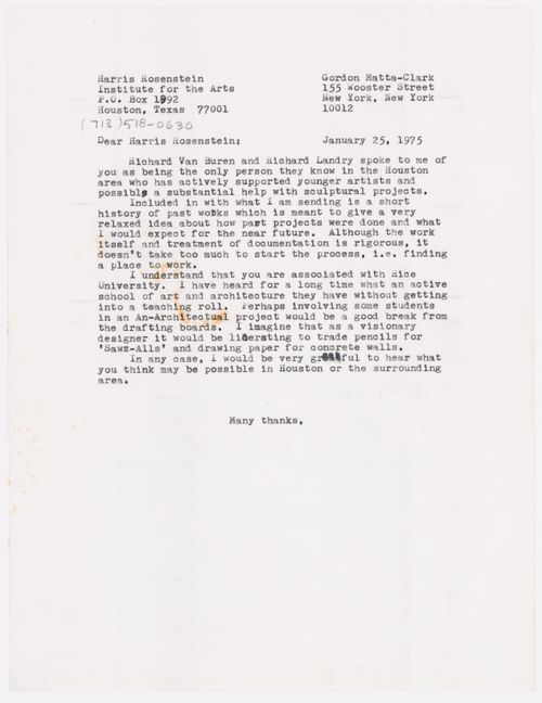Letter from Gordon Matta-Clark to Harris Rosenstein