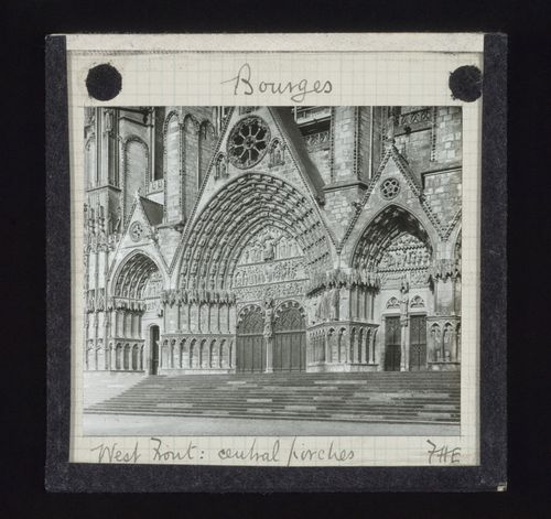 View of central portals of west façade of Cathédrale Saint-Etienne de Bourges, Bourges, France