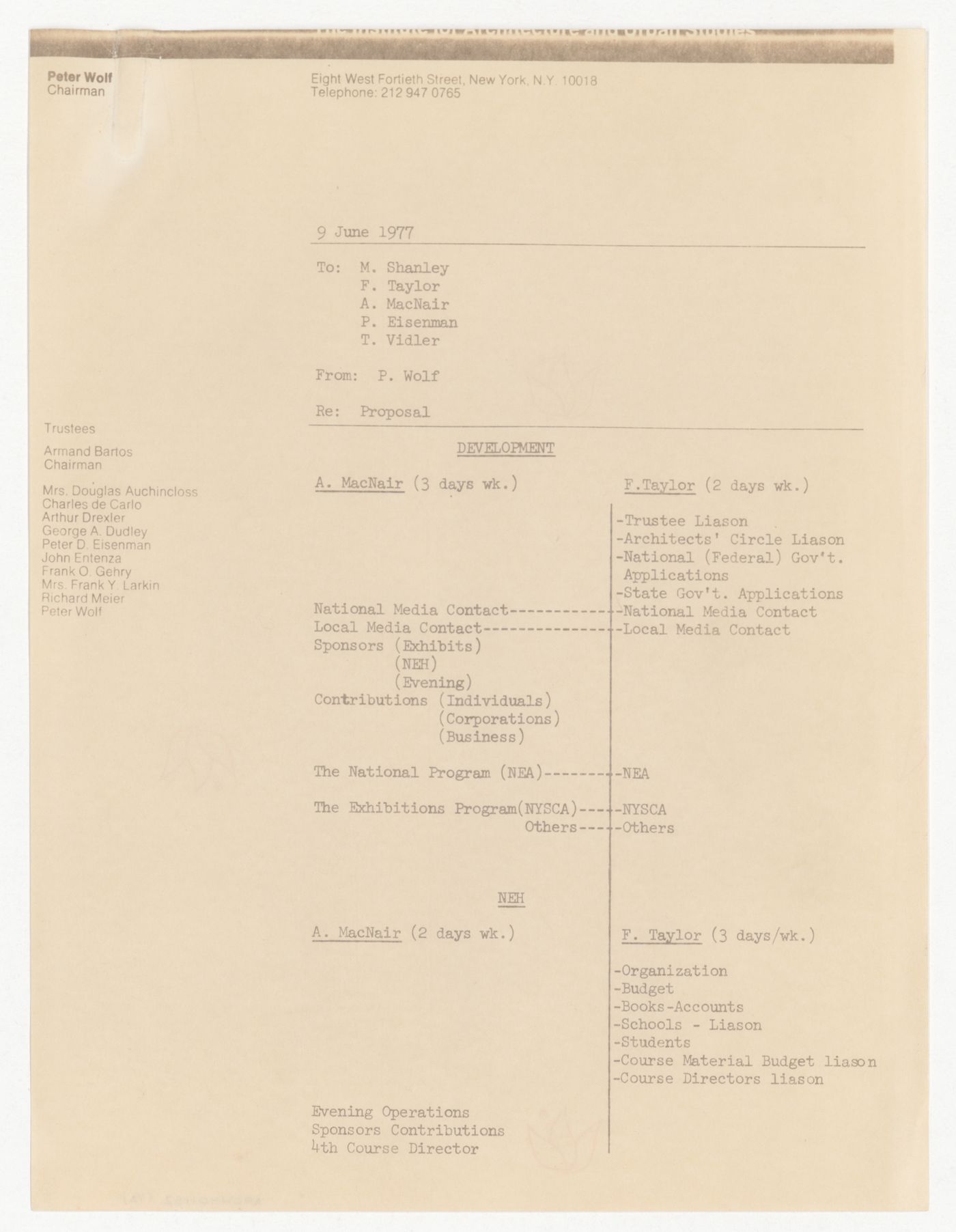 Memorandum from Peter Wolf to M. Stanley, Frederieke Taylor, Andrew MacNair, Peter D. Eisenman and Anthony Vidler about staffing and allocation of tasks