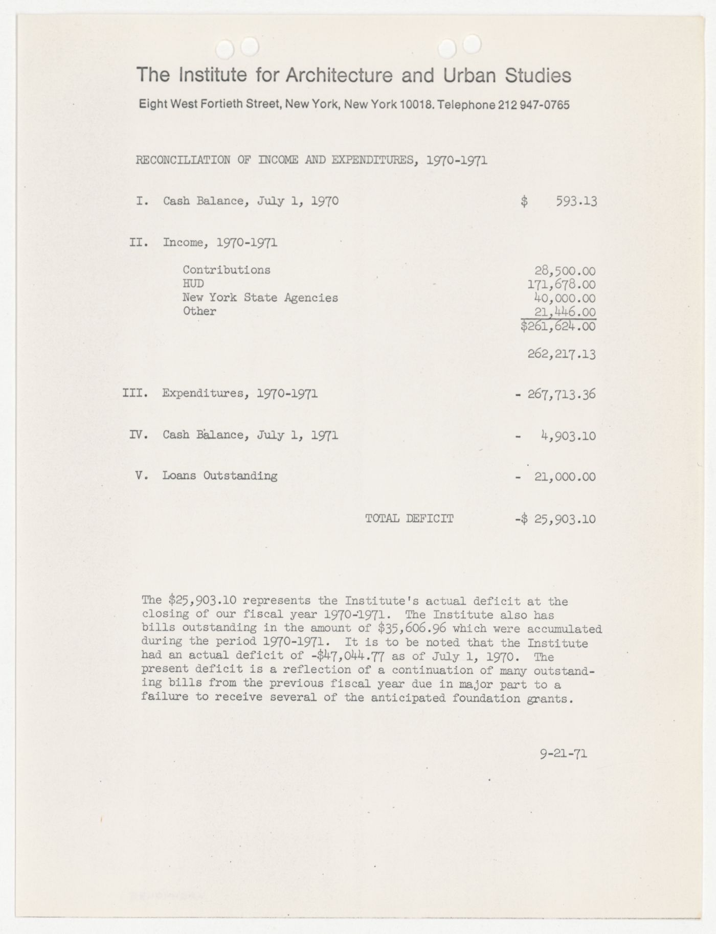 Reconciliation of income and expenditures for financial year 1970-1971