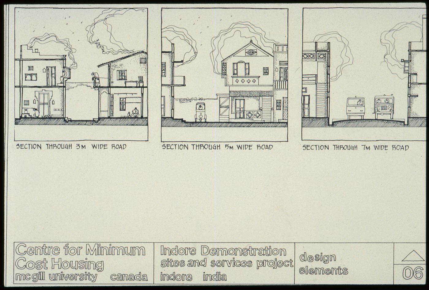 Section of street showing design element for the Aranya Housing Project, Indore, India