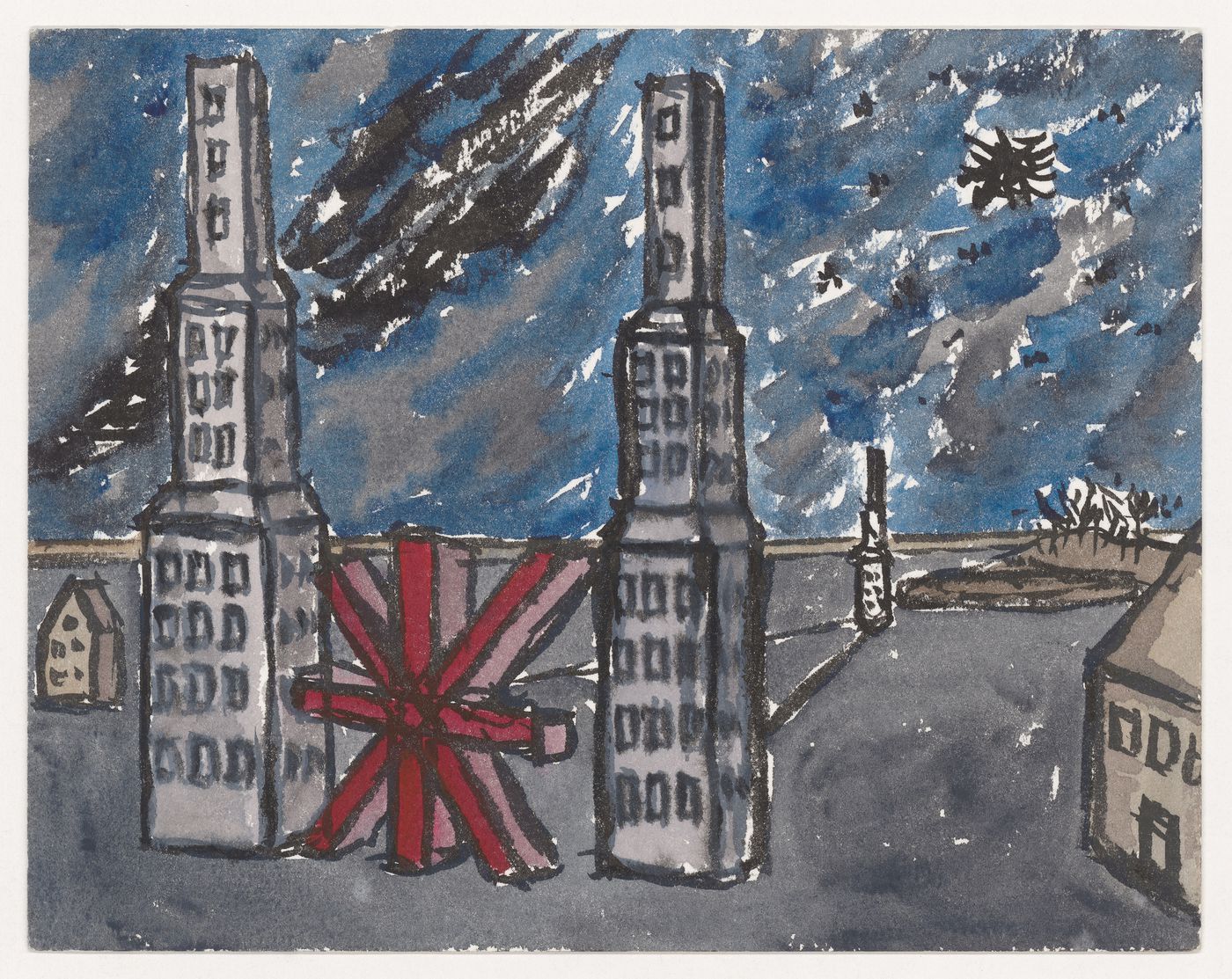Painting for Berlin Night depicting Jewish Museum: Buildings of Research, Structure of Witness, and Tower for the Protection of Memories