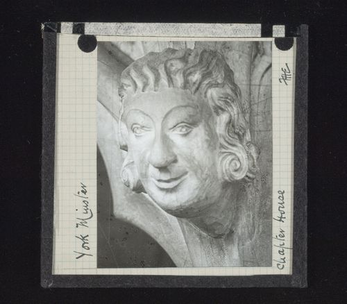 View of sculpture of head in Chapter House of York Minster, York, North Yorkshire, England