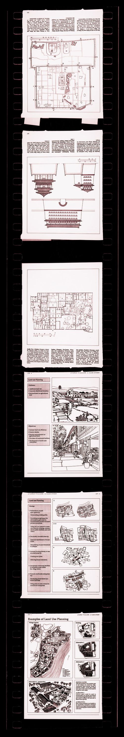 Negative strip of illustrations for the publication "Housing a Billion: Village Upgrading: Jianlu, China" publication