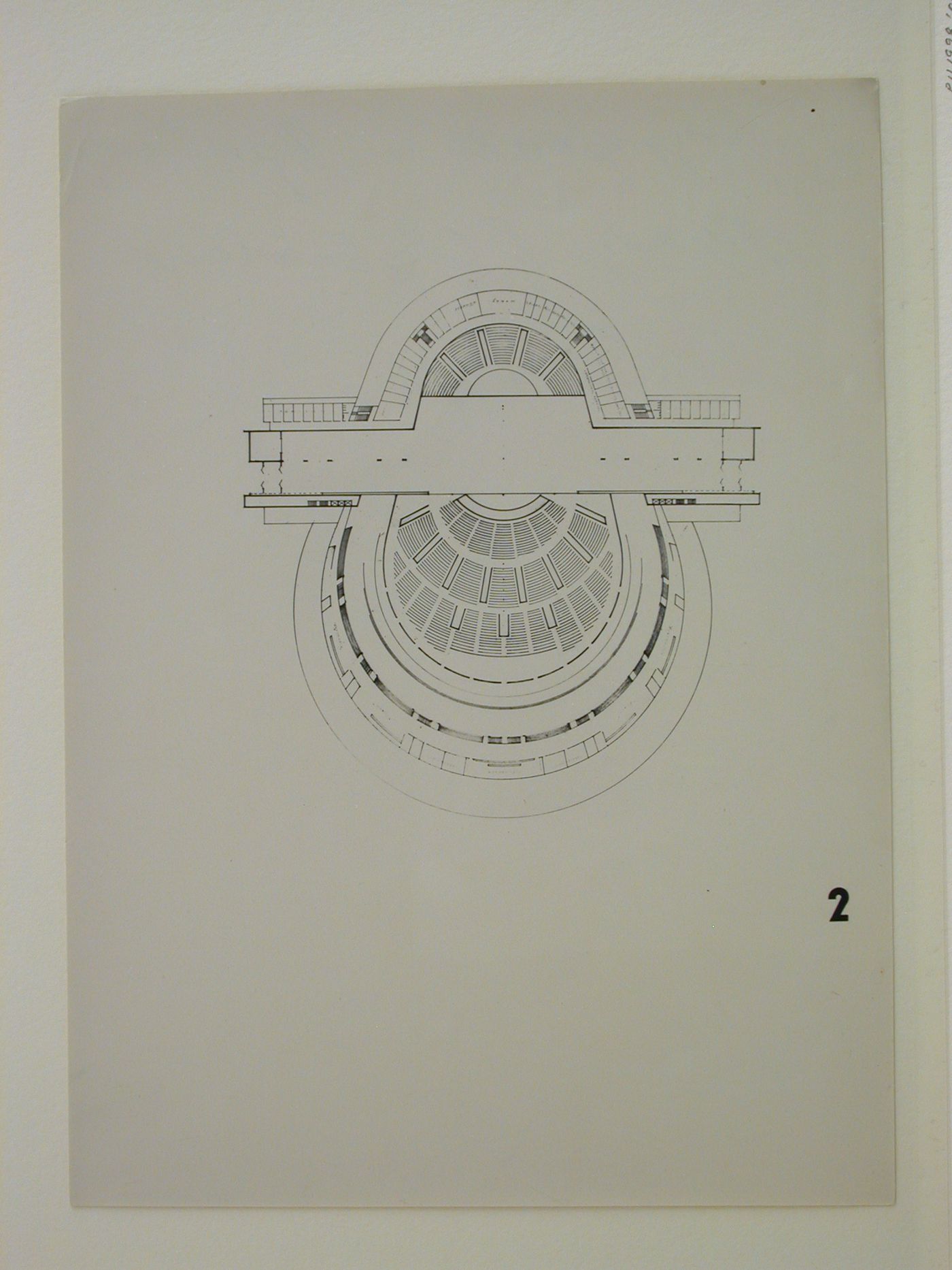 Photograph of a plan for the first round of competition for a "synthetic theater" in Sverdlovsk, Soviet Union (now Ekaterinburg, Russia)