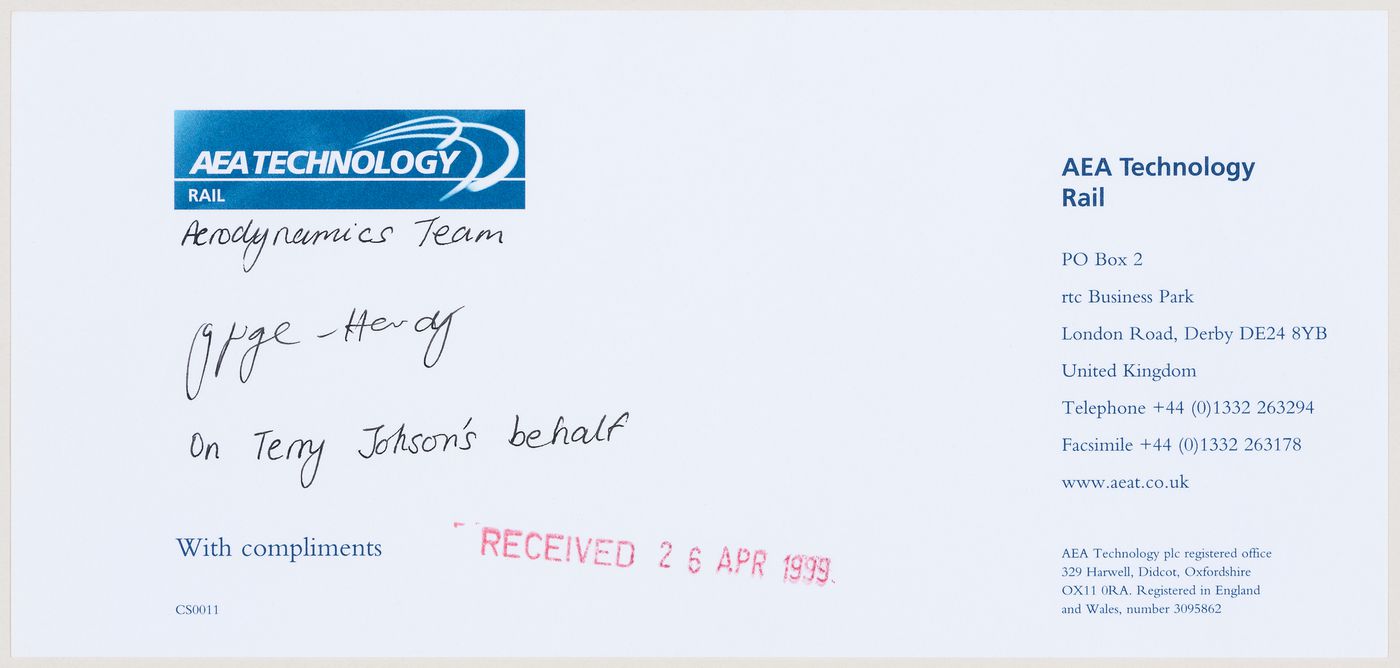 Compliments slip from the AEA Technology Rail Aerodynamics Team (document from the IFPRI project records)