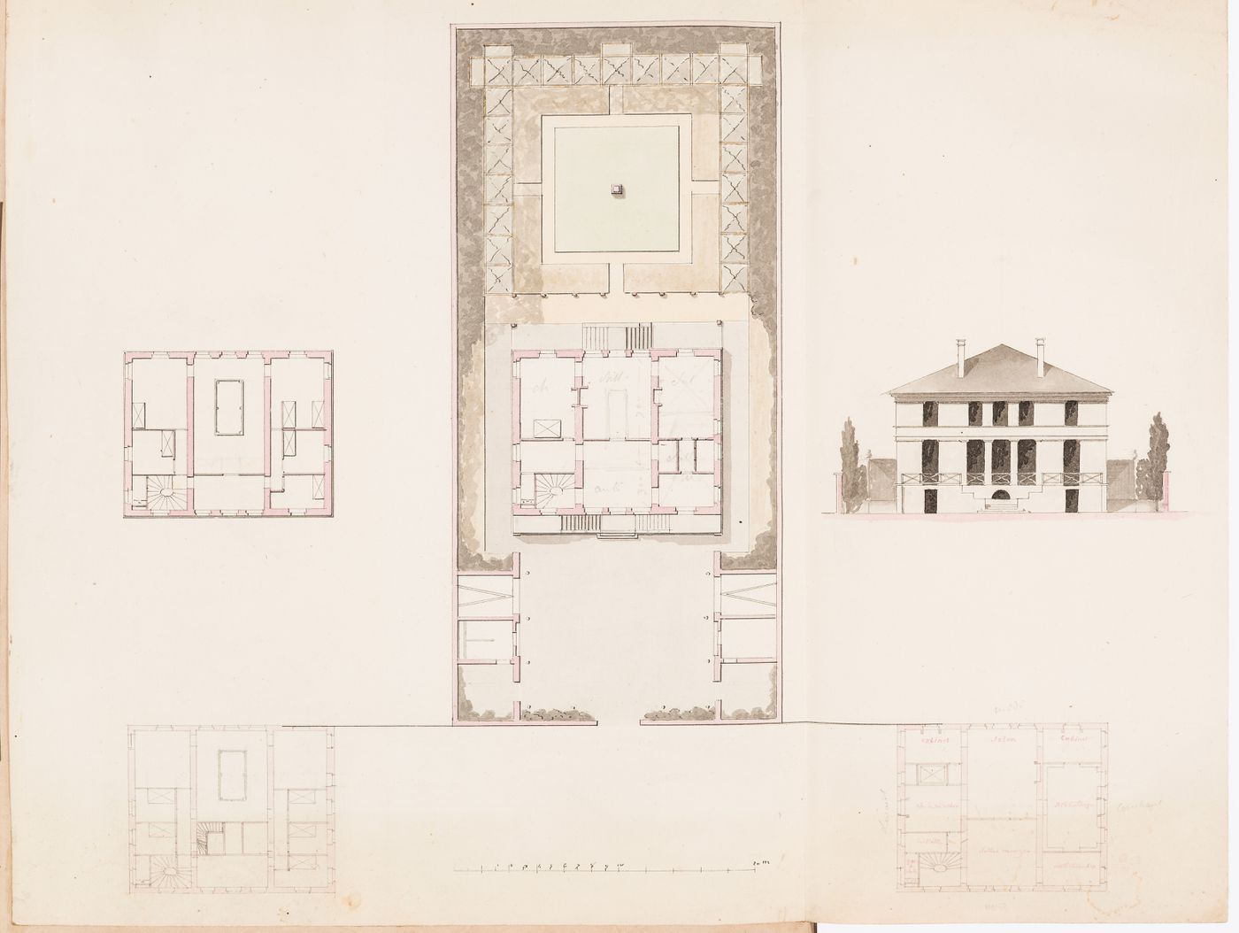 Front elevation, site plan, and ground and first floor plans for a house and garden on rue d'Aguesseau, Paris; verso: Sketch plan for a house on rue d'Aguesseau, Paris