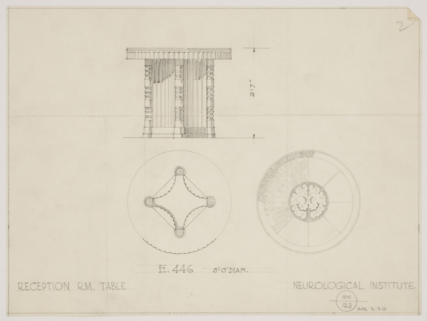 Montréal Neurological Institute, Montréal, Québec: drawing for reception room table