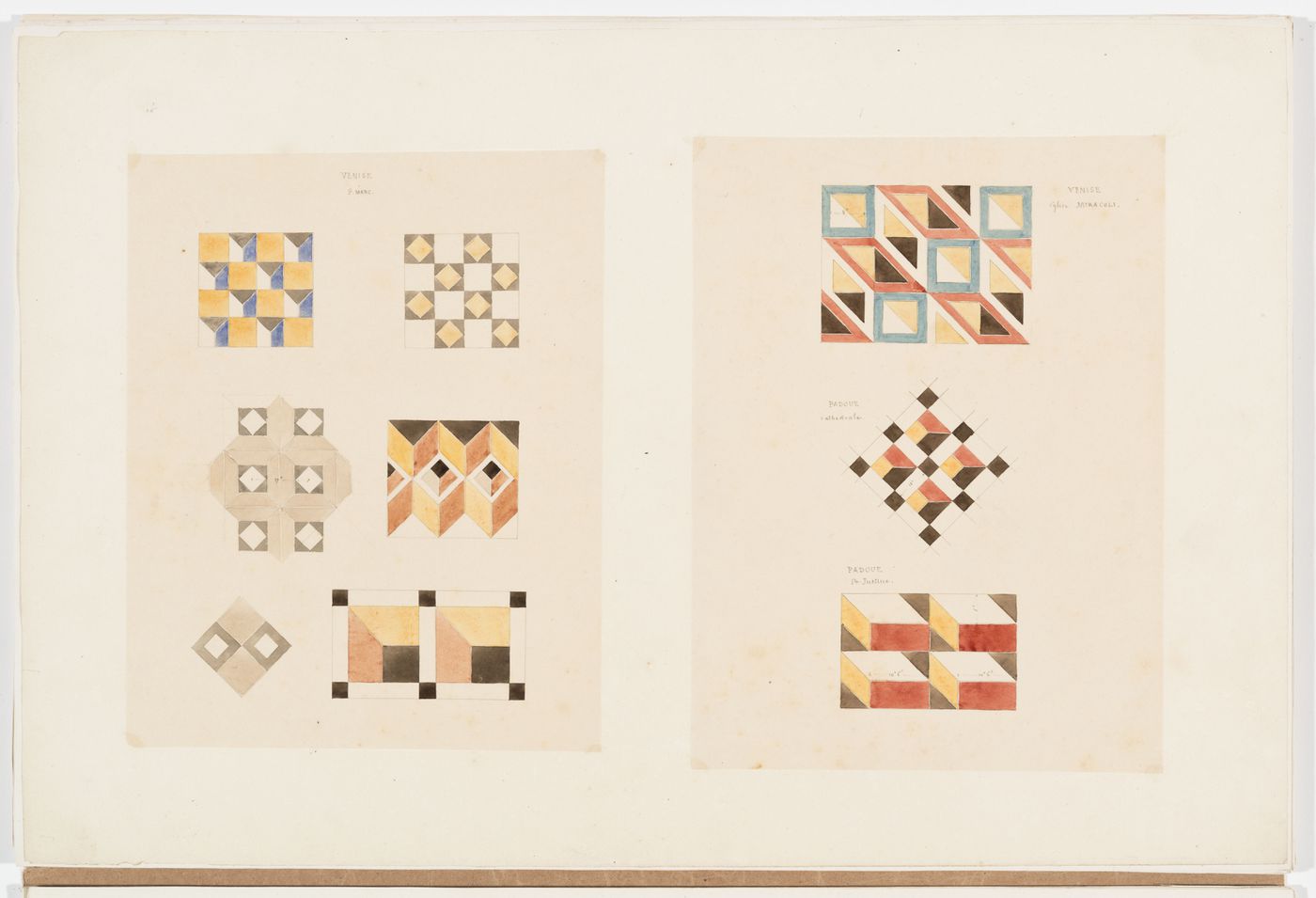 Two ornament drawings of geometric patterns, probably floor tiles from San Marco and Santa Maria dei Miracoli, Venice and Santa Giustina and Santa Maria Assunta, Padua
