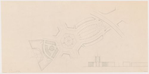 Site plan for the reconstruction of the Hofplein showing Industriegebouw Plan B, other mixed-use developments, monument plaza and Café Viaduct, and street elevation showing Industriegebouw Plan B and other mixed-use developments, Rotterdam, Netherlands