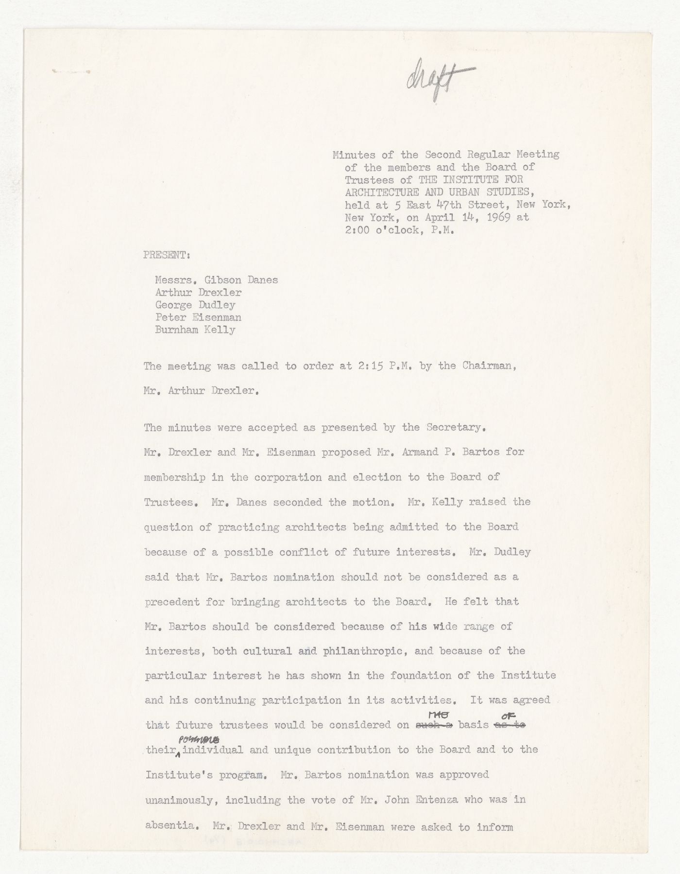 Draft minutes of the second regular meeting of the Members and the Board of Trustees with corrections and annotations by Peter D. Eisenman