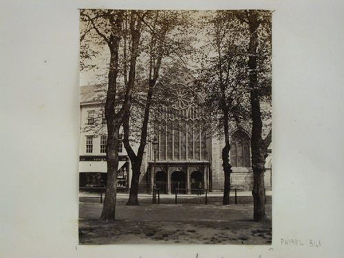 Saint Marlis [?] façade seen through park with trees, Bristol, England