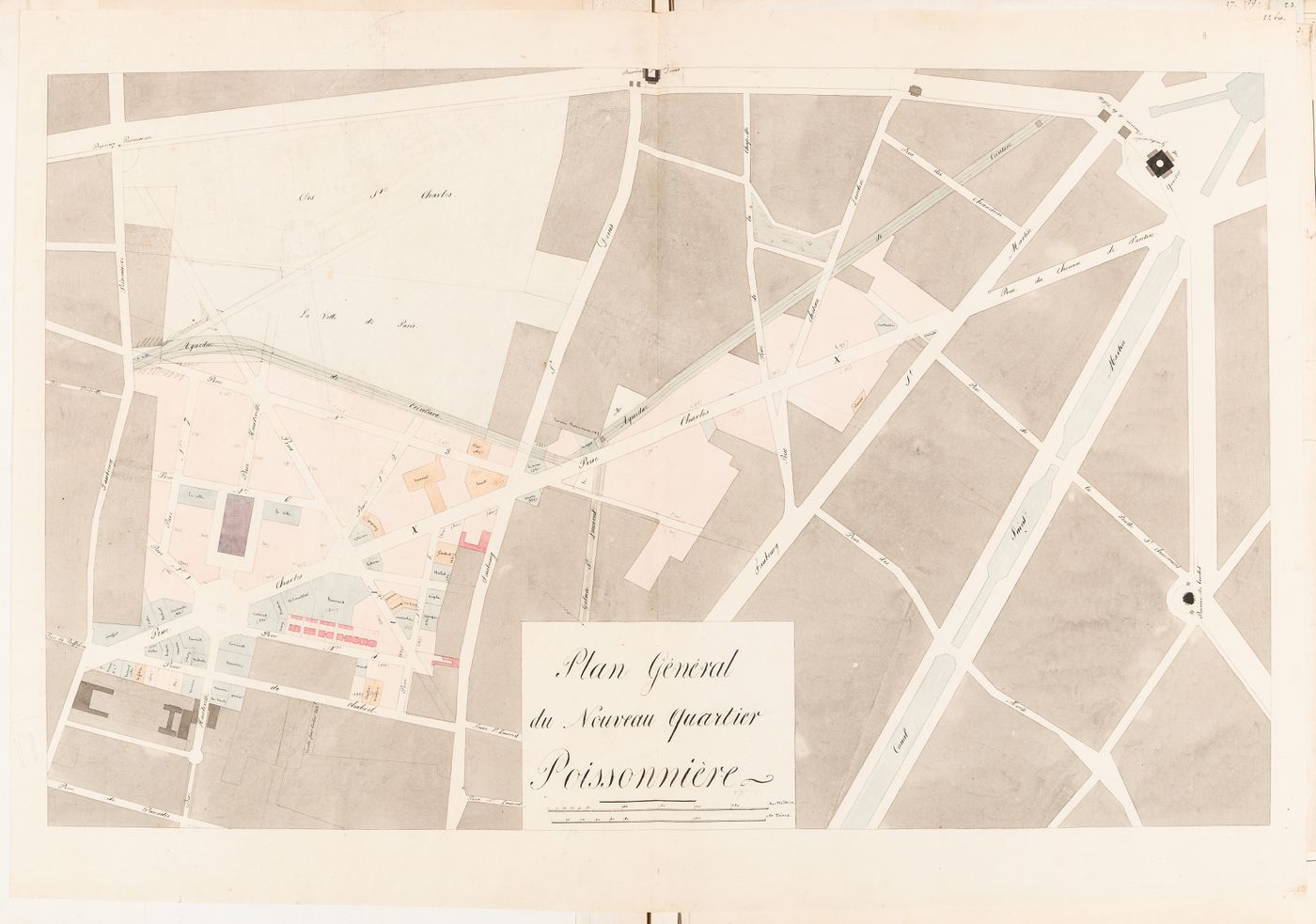Site plan for the nouveau quartier Poissonnière, including property lots and a block plan for the horse auction house and infirmary, Clos St. Charles