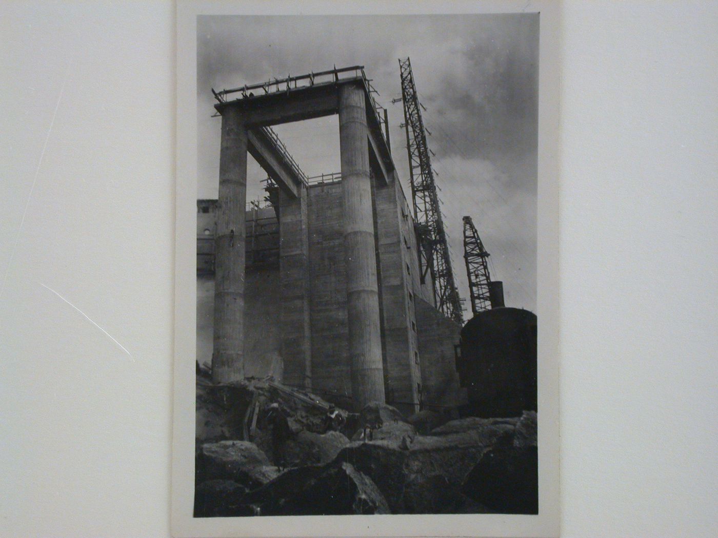 View of Dnieper Hydroelectric Power Station under construction, Zaporozhe, Soviet Union (now in Ukraine)