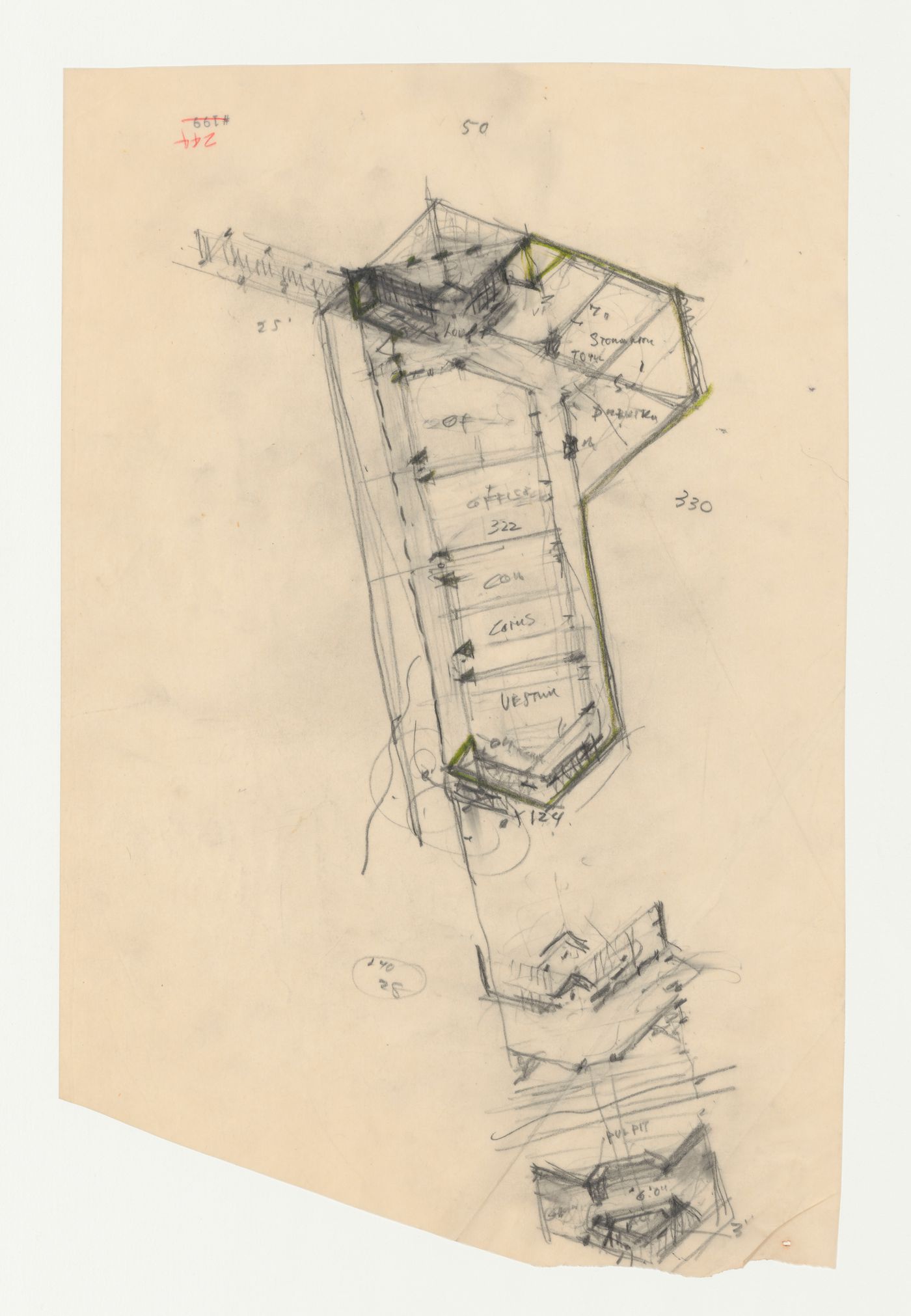 Swedenborg Memorial Chapel, El Cerrito, California: Plan for the lower building with details for the chapel level