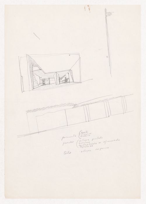 Sketch perspective and section with notes for Galeria Carvalho Araújo, Lisbon, Portugal