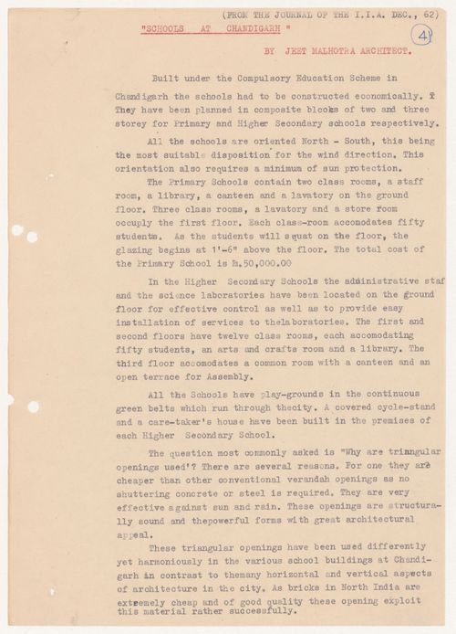 Text entitled “Schools at Chandigarh”