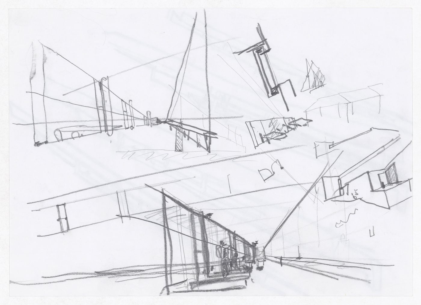 Sketch perspectives and details for Restaurante para a Piscina de Mares, Leça da Palmeira, Portugal; verso: Sketches for Restaurante para a Piscina de Mares, Leça da Palmeira, Portugal