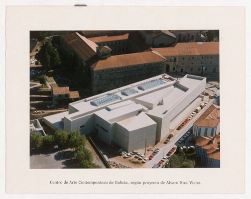 Card showing exterior view of Centro Galego de Arte Contemporânea in Santiago de Compostela, Spain, with attached business card