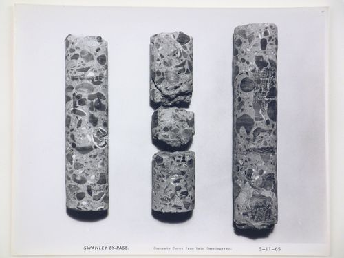 Studio view of concrete cores from main carriageway of the Swanley Bypass, England