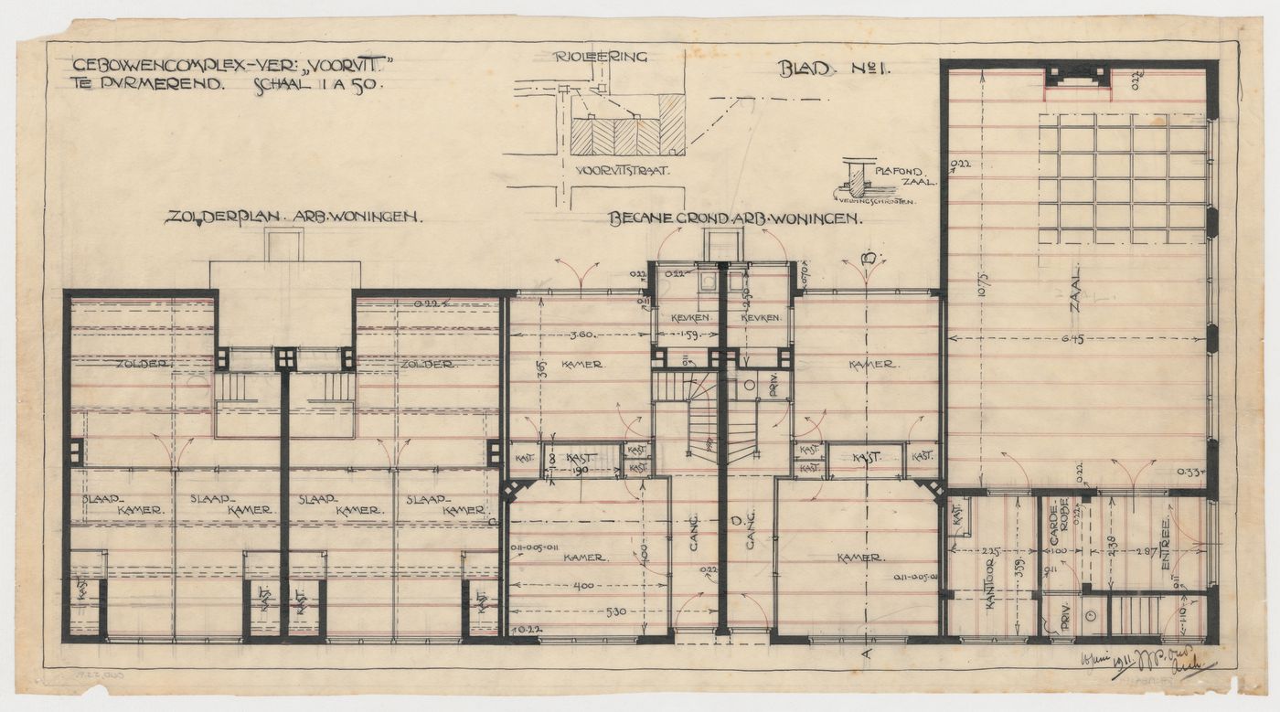 Floor plans, partial reflected ceiling plan and partial site plan for Vooruit Cooperative houses and meeting hall, Purmerend, Netherlands